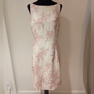 Vintage 1990s Ann Taylor Cream Dress Embroidered Red Rose Size 8P Silk Blend